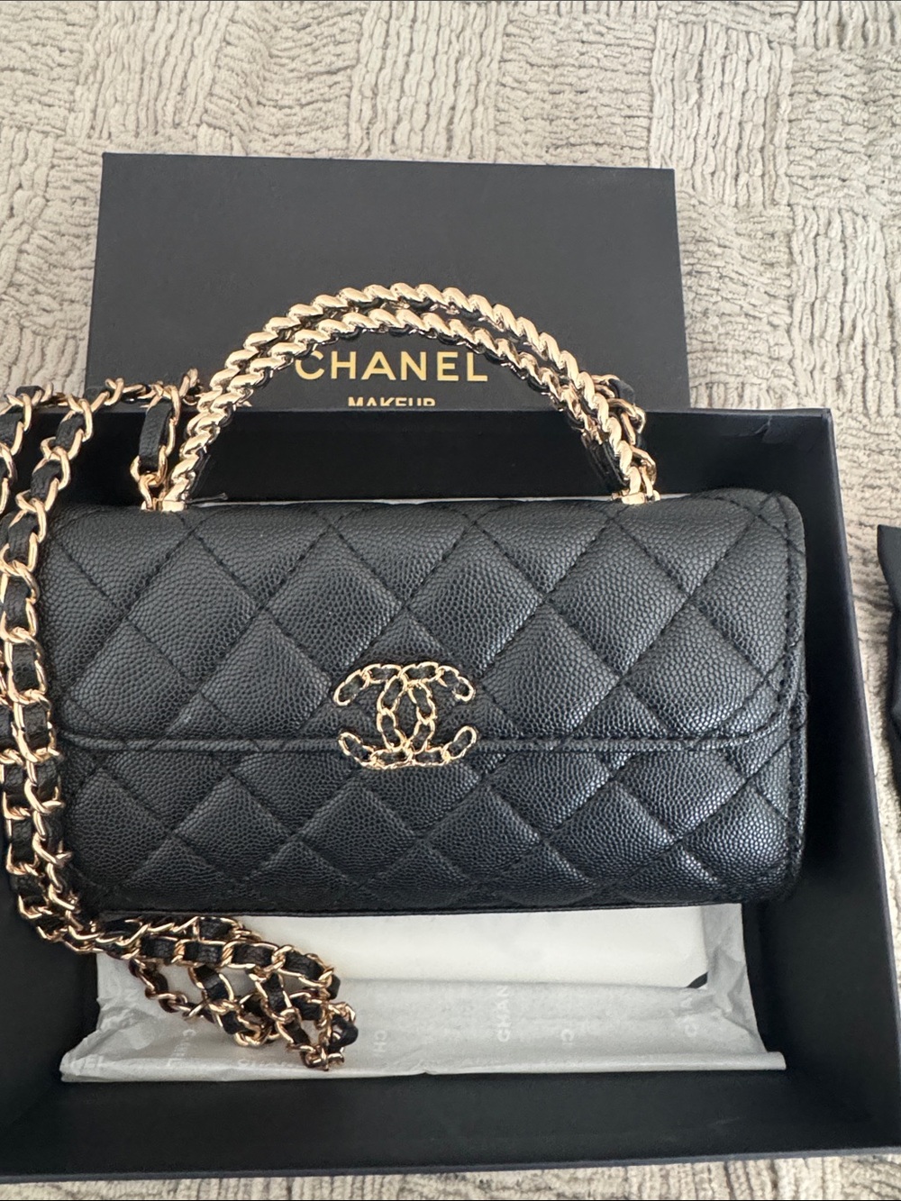 GWP Black Quilted Leather Shoulder Bag with Gold Chain Handle